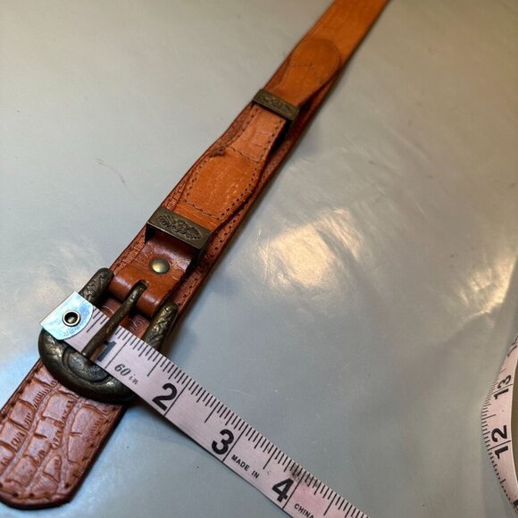 Fiorucci Italy Leather Double Strap Belt Vintage Embossed Brass Floral Accents - Picture 15 of 16